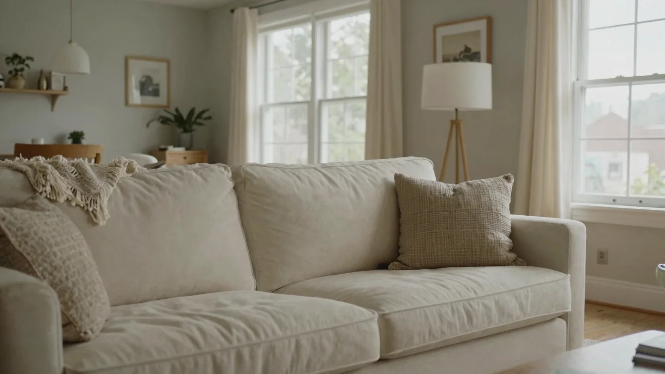 Cozy residential living room in natural daylight, soft cream sofa