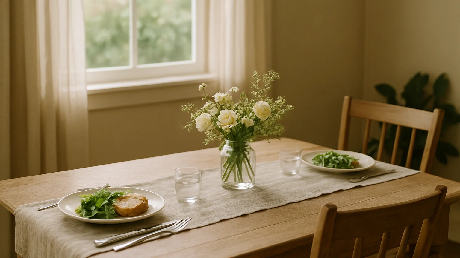 Inviting residential dining table with a simple meal set in soft