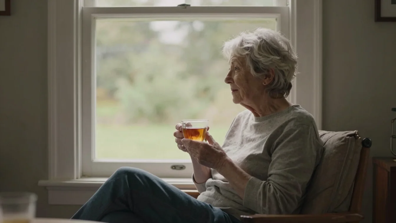 Candid everyday moment of an older adult relaxing at home by a wi