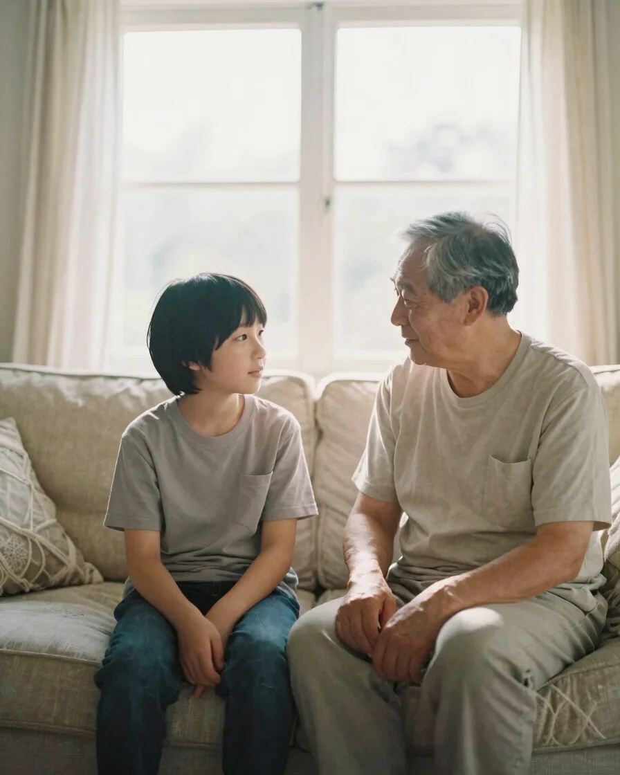 Warm portrait-oriented photograph of an adult child sitting besid