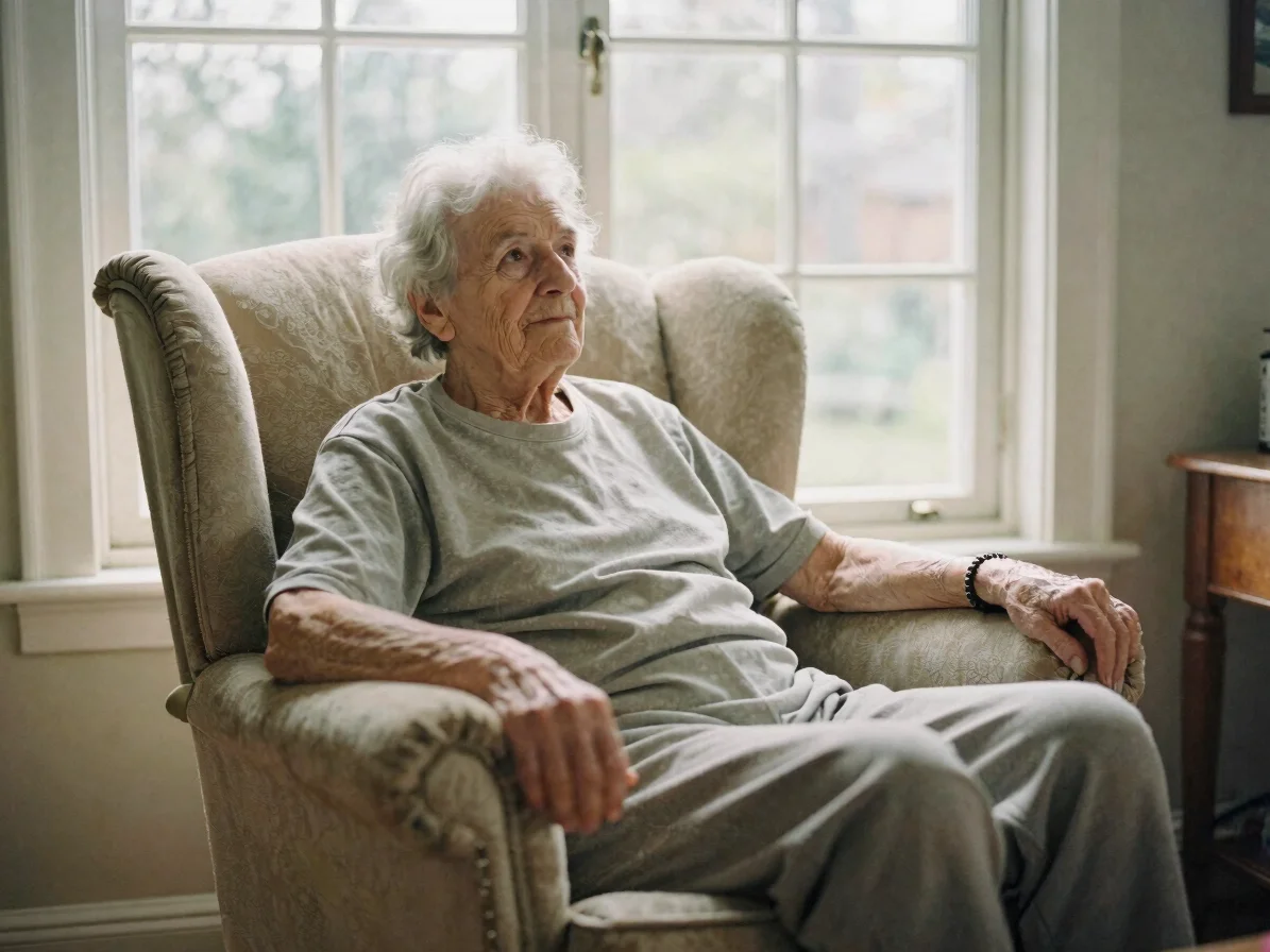 Candid soft natural daylight photograph of an elderly resident se