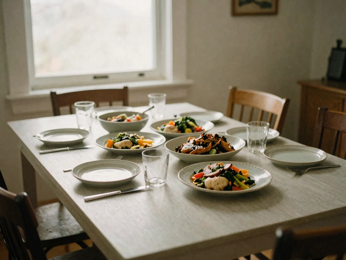 Warm editorial photograph of an inviting dining table set with si