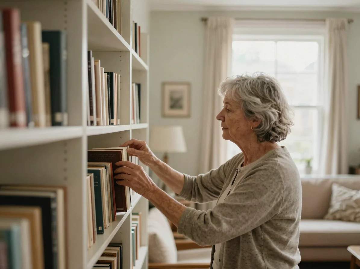 Candid everyday moment of an older adult choosing a book from a s