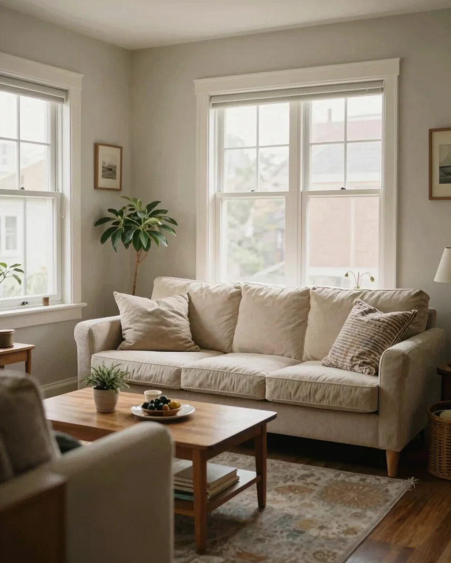 Wide editorial photograph of a sunlit residential living room wit