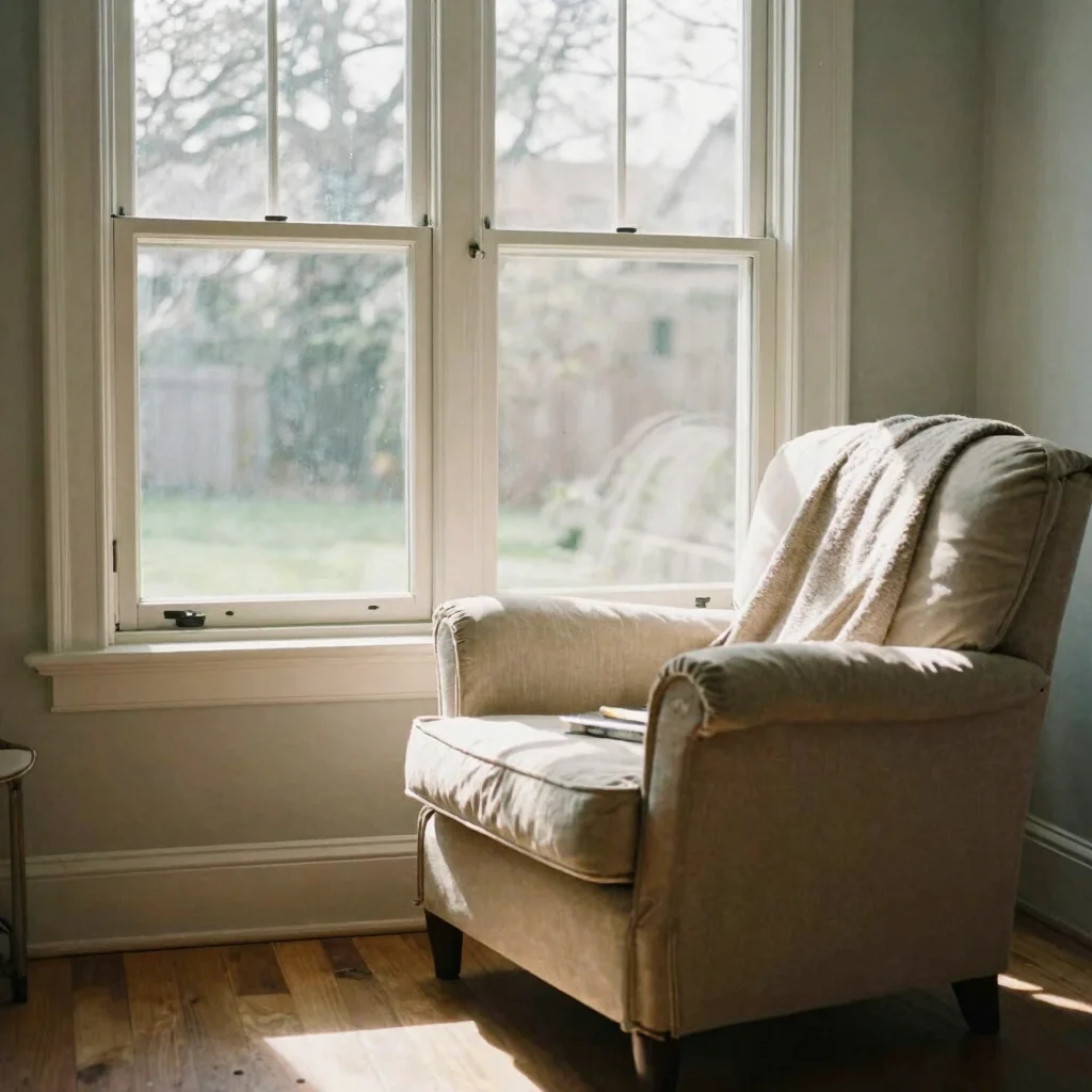Cozy sunlit reading nook beside a large window, an upholstered ch