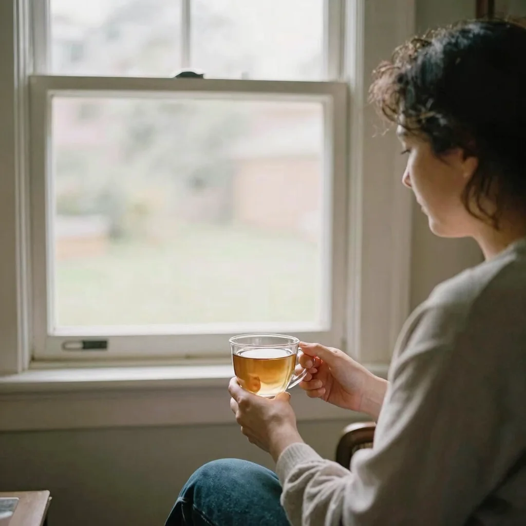 Everyday moment of a resident at home with a cup of tea beside a