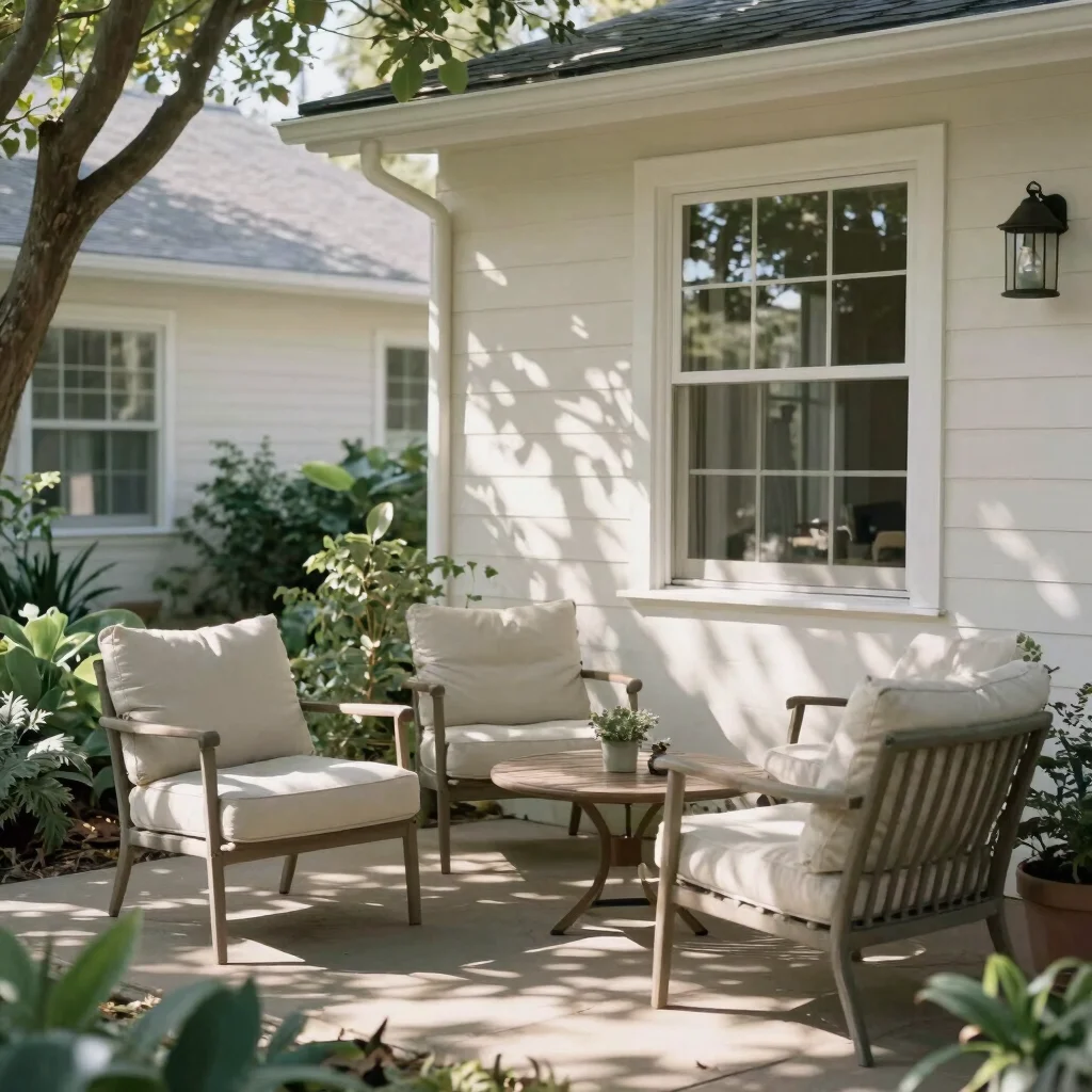 Peaceful outdoor seating area of a residential home with cushione