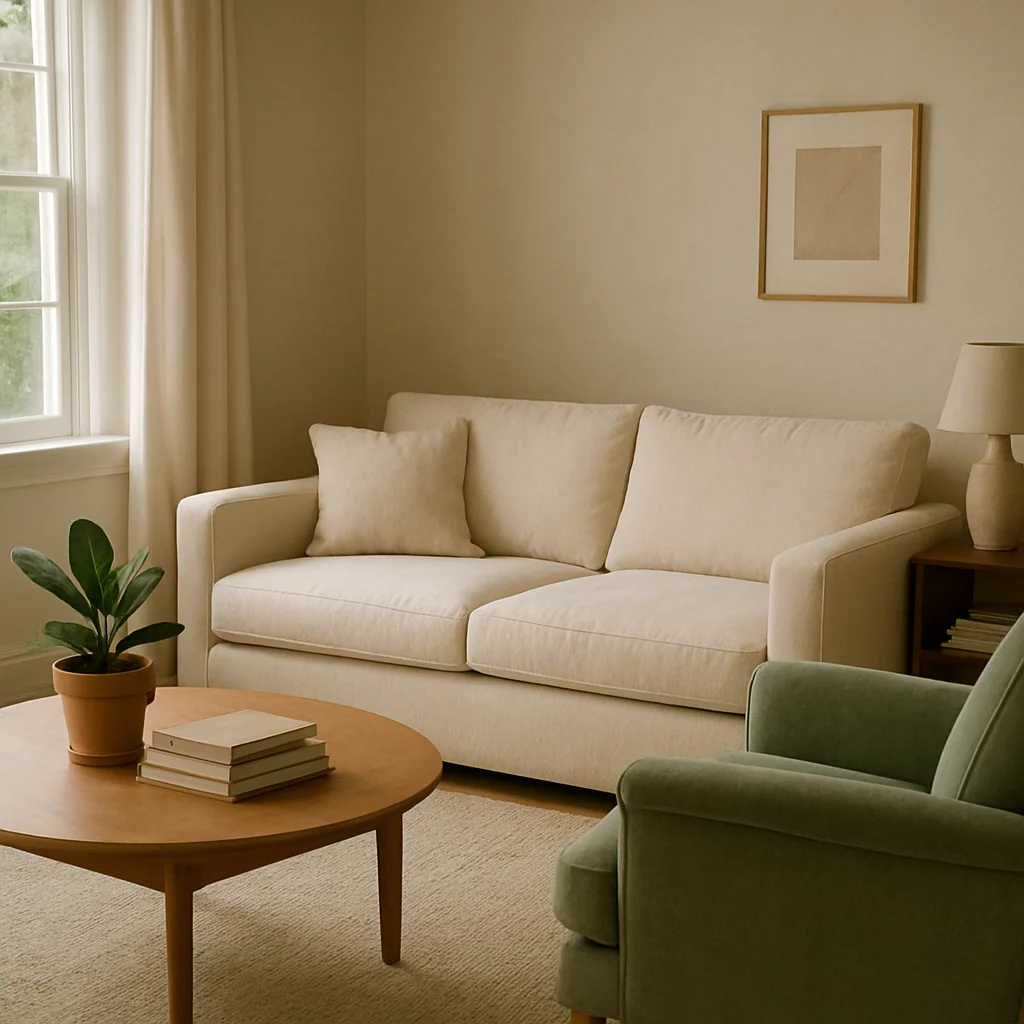 Warm editorial photograph of a comfortable residential living roo